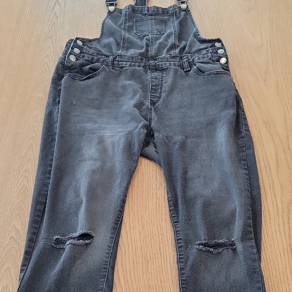 Love Moda Womens Black Distressed Denim Overalls Ripped Knee Size 1X RJHD-915P - Picture 2 of 7